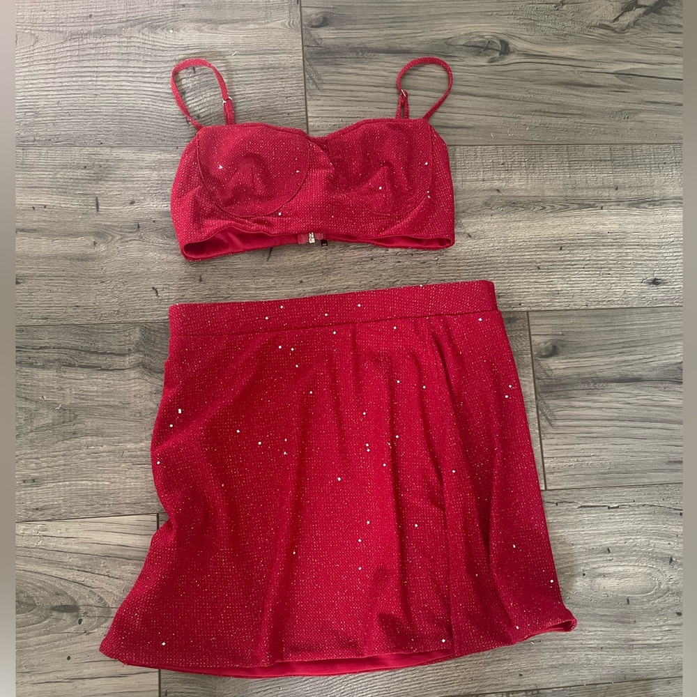 Two piece set with Red Skirt and matching crop top with Sparkling Accents